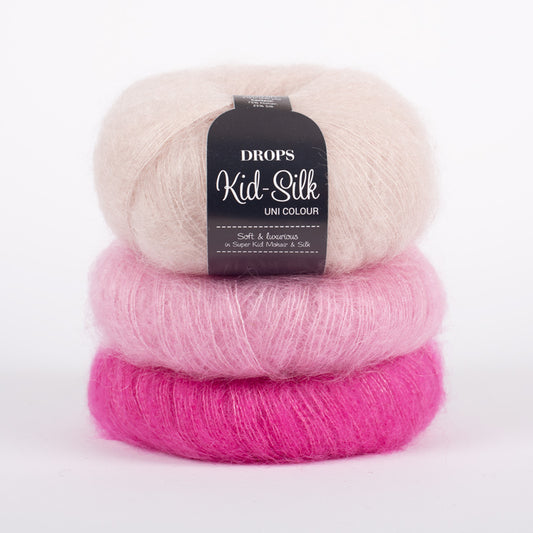 A luxurious, light brushed yarn in an exclusive mix of 75% mohair super kid and 25% mulberry silk, DROPS Kid-Silk is feather light, and will give garments a sophisticated look, whether used alone or held together with other yarns.